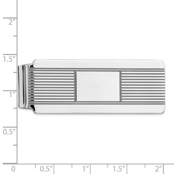 Rhodium Plated Sterling Silver Polished & Striped Fold Over Money Clip - Picture 2 of 4
